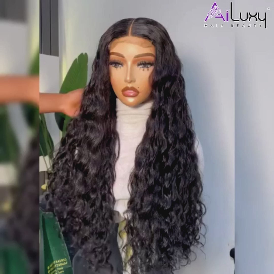 AILUXY 4x4 Lace Closure Perruque Natural Wave Longue 250% densité 100% cheveux humains