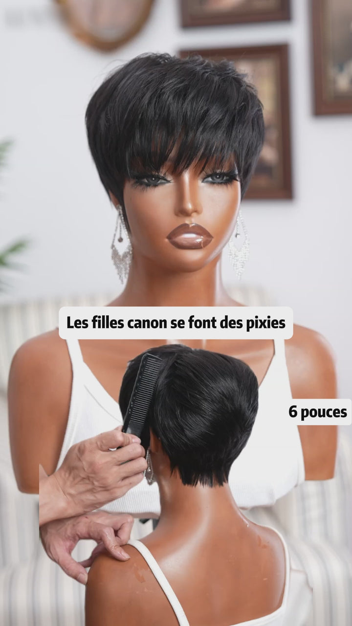 AILUXY Perruque Pixie Courte  Noir Naturelle avec Frange - Look Épuré et Professionnel, Conception Simple à Mettre, Confortable pour Toutes Occasions