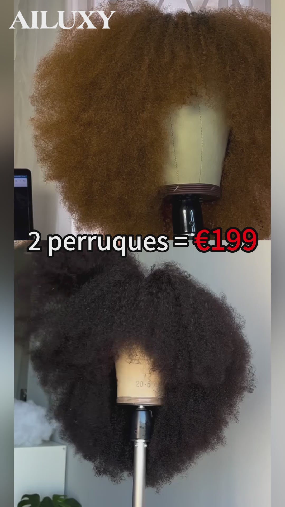 AILUXY 2 Perruques=€199 Perruque Bob Afro Curly Sans Colle Frange - Couleur Miel Blond & Style Naturel