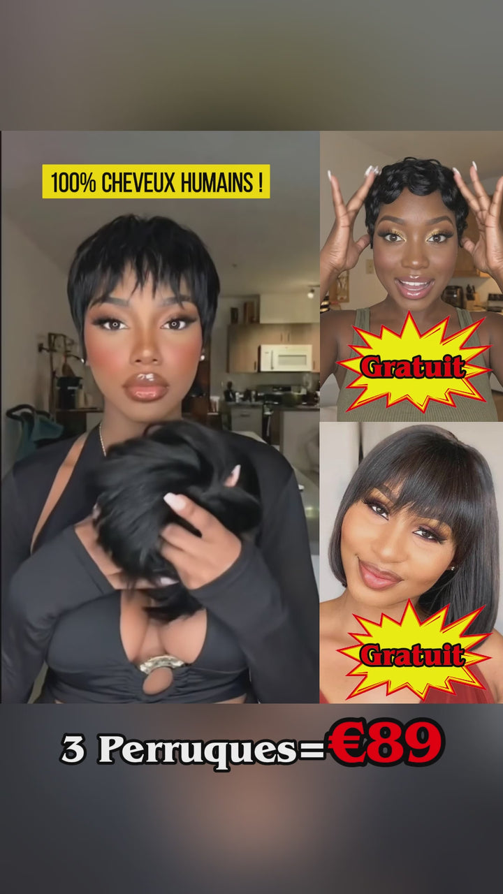 AILUXY 3 Perruques=€89 perruque Pixie Sans Colle Naturels 100% Cheveux Humains + Perruques lisse bob 10 pouces+Perruque Pixie Finger Wave Blended Cadeau | identique à la photo
