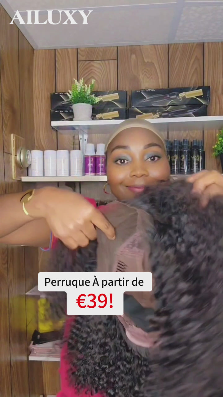 AILUXY Perruques Haute Qualité Kinky Curly Sans Colle 100% Cheveux Humains