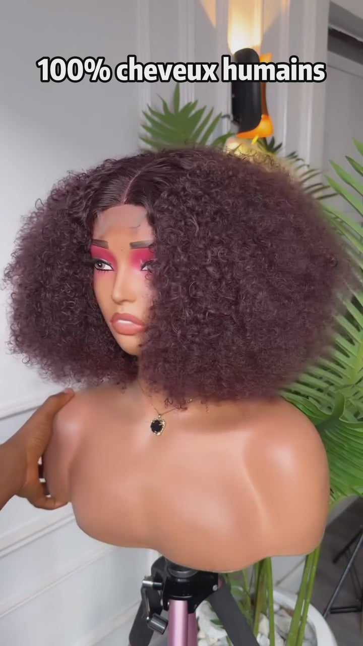 AILUXY Perruque Lace Front Kinky Curly Brun Chocolat - Texture Souple et Coiffable à Volonté