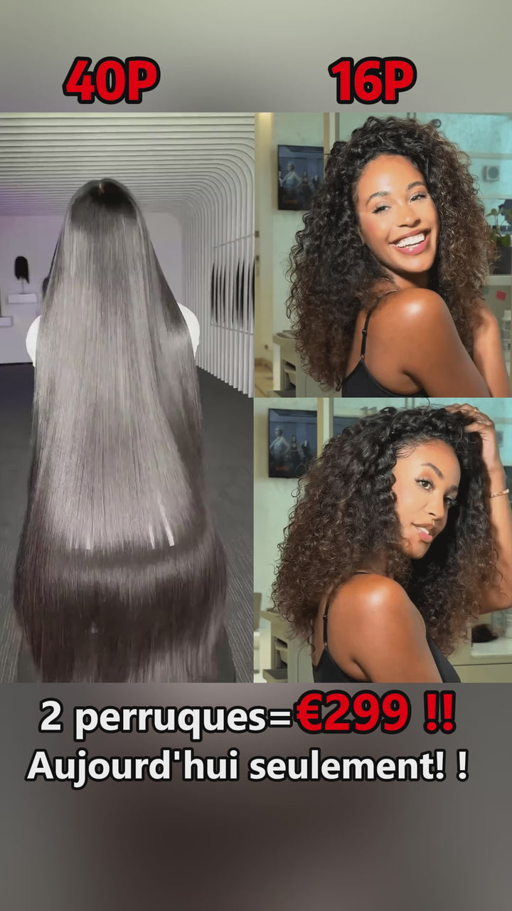 AILUXY 2 Perruques=€299 Sans Colle Lisse avec Frange 40 Pouces + 13x4 Lace Frontal Perruque Curly 1bt4 16 Pouces en 100% Cheveux Humains