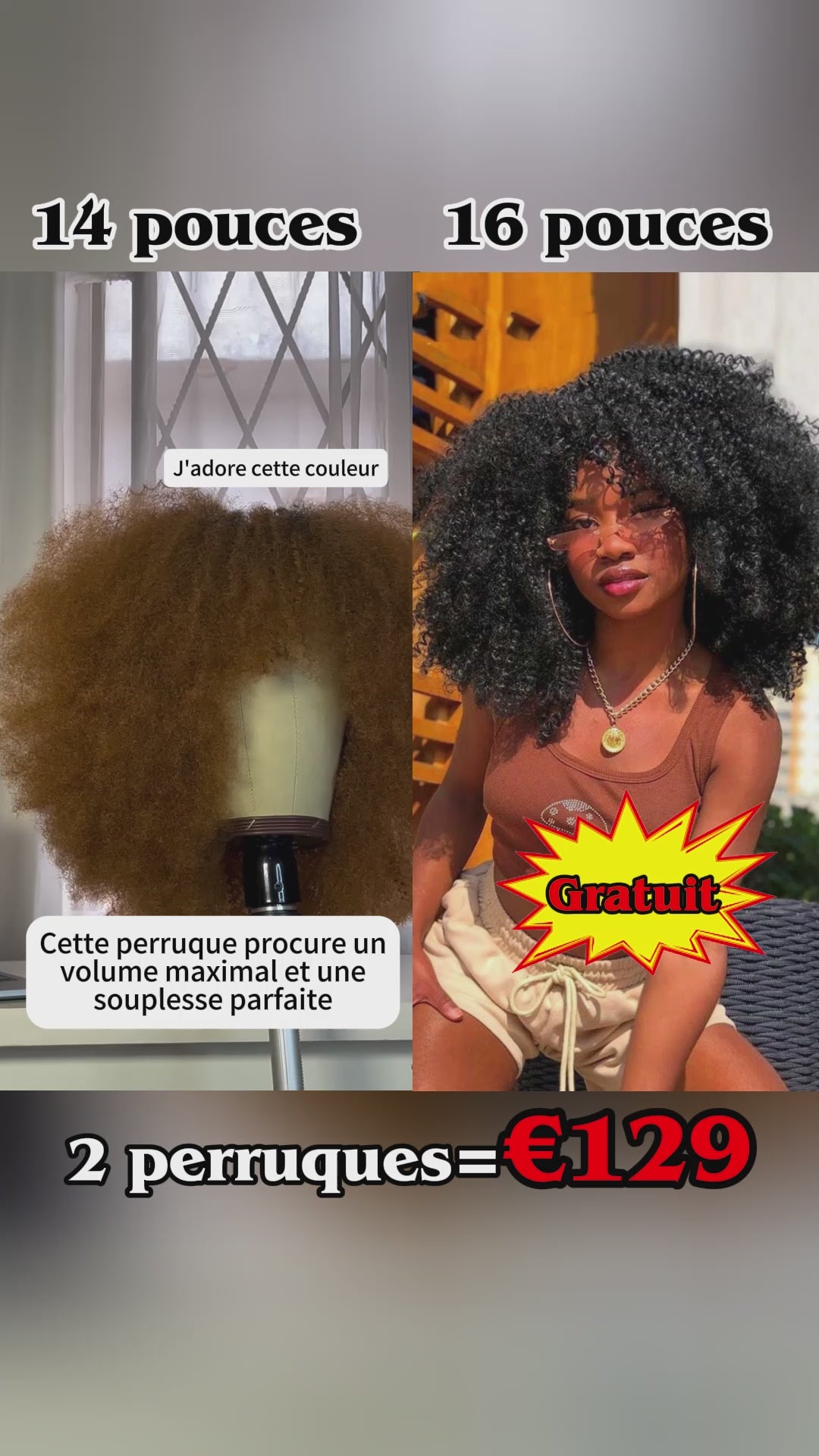 AILUXY 2 Perruques = 129 € !! 1 Acheté = 1 Offert – Sans Colle Perruque 16 pouces SY Bob Avec Frange Afro Naturelle et Perruque 14 pouces Bob Avec Frange Afro Couleur miel blond – 100% Cheveux Humains