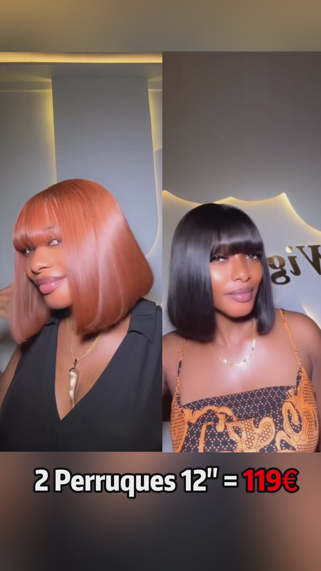 AILUXY 2 Perruques = €59 | Perruque Courte Bob Lisse Frange Plaine 10" Couleur Orange & Noir Lot Promo