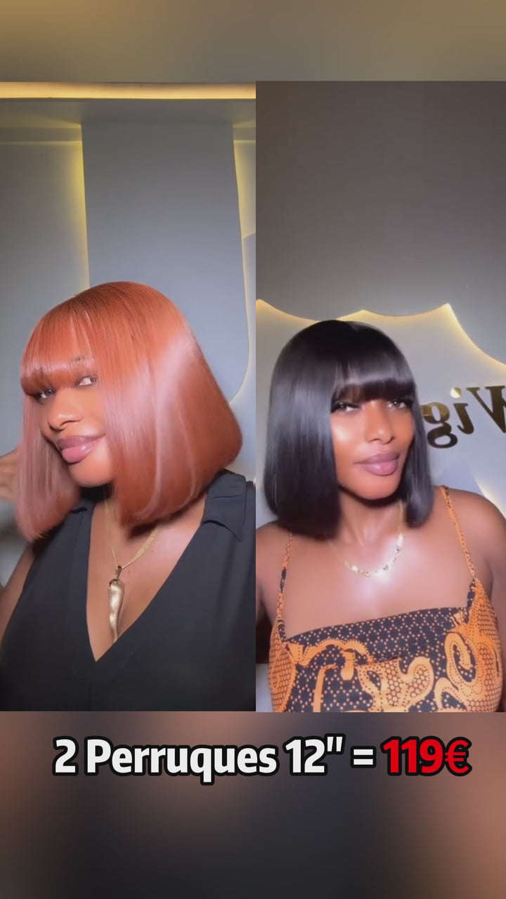 AILUXY 2 Perruques = €59 | Perruque Courte Bob Lisse Frange Plaine 10" Couleur Orange & Noir Lot Promo