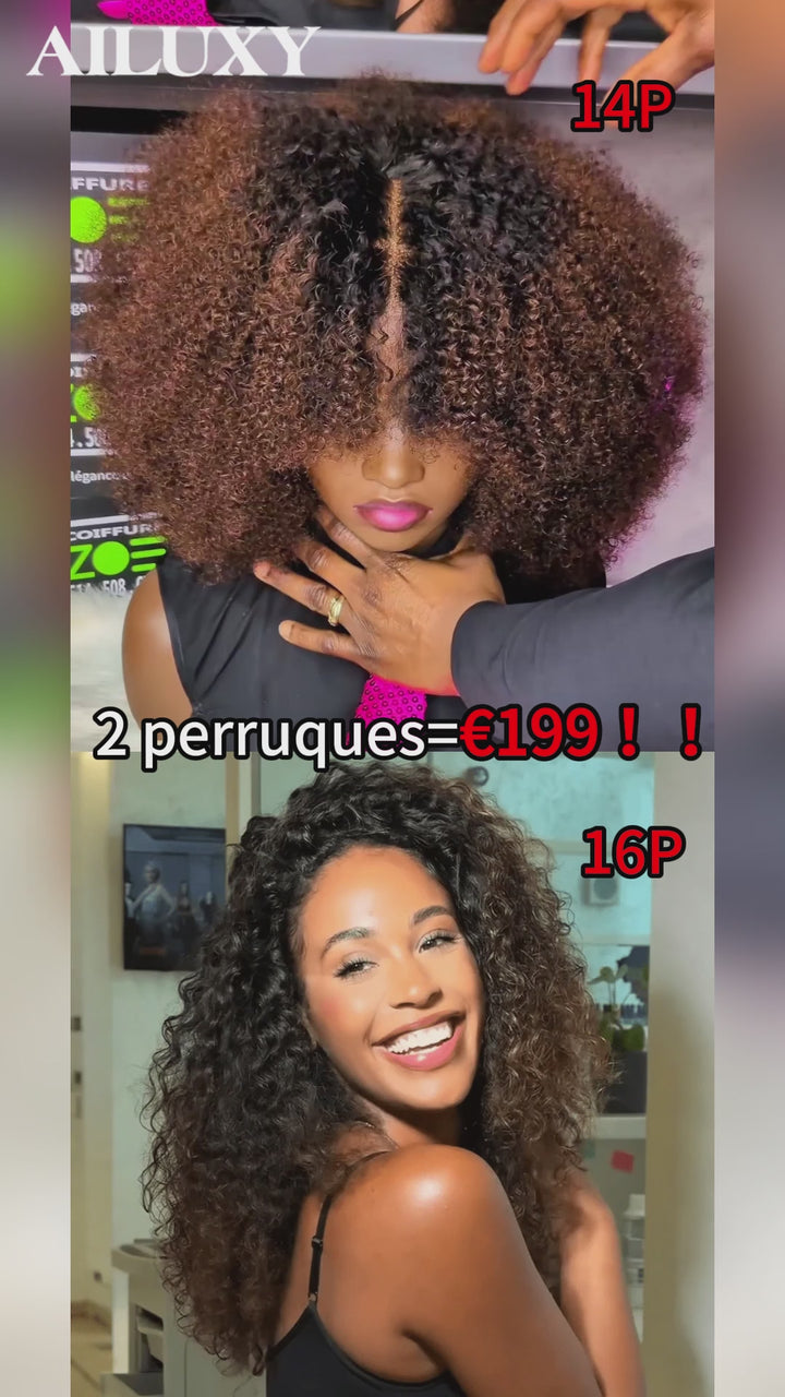 AILUXY 2 Perruques=€199 Perruque afro Curly 300% dedensite 2x6 lace et 13x4 Lace Frontal 1bt4 curly en 100% Cheveux Humains