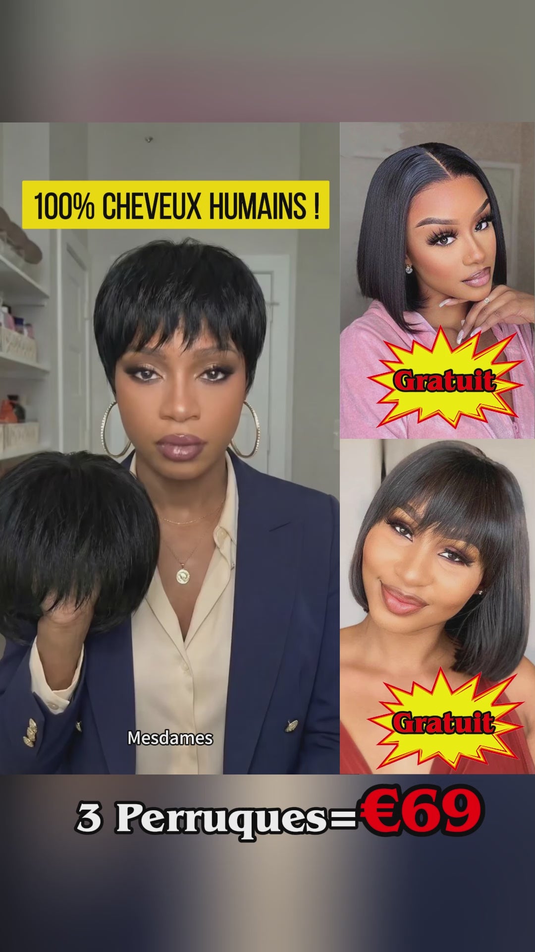 AILUXY 3 Perruques=€69 perruque Pixie Sans Colle Naturels 100% Cheveux Humains +2 Perruques lisse bob 10 pouces Blended Cadeau | identique à la photo