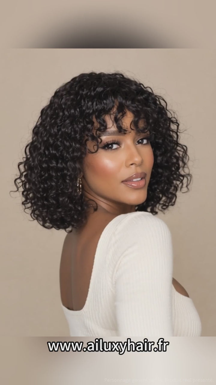 AILUXY Deep Wave Noir Bob Perruque Avec Frange 100% Cheveux Humains