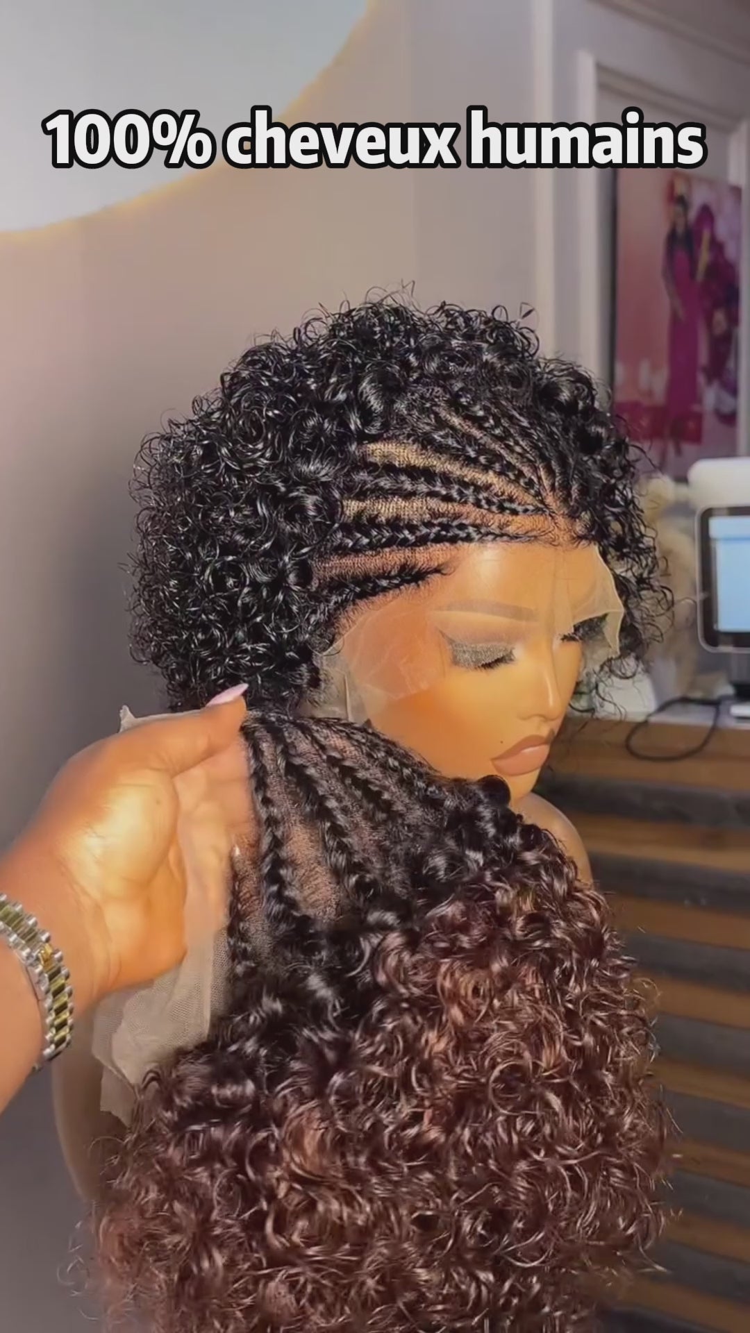 AILUXY Perruque Courte Kinky Curly avec Tresses Frontales 13x4 - Cheveux Humains 100%