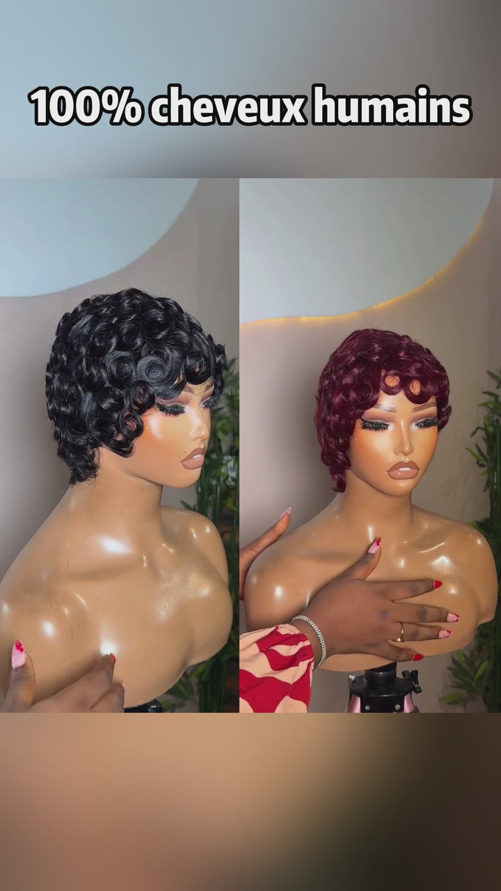 AILUXY Perruque Rétro en Cheveux Humains à Boucles Circulaires, Coloris Polyvalent, Entretien Minimal, Modèle à Double Couleur Tendance