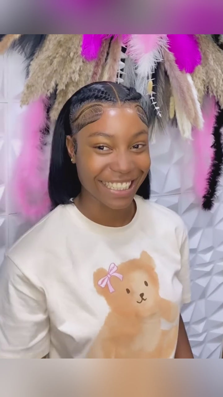 AILUXY Perruque Bob Noir Lisse Frontale Dentelle Bébé Cheveux Stylisés Tresse