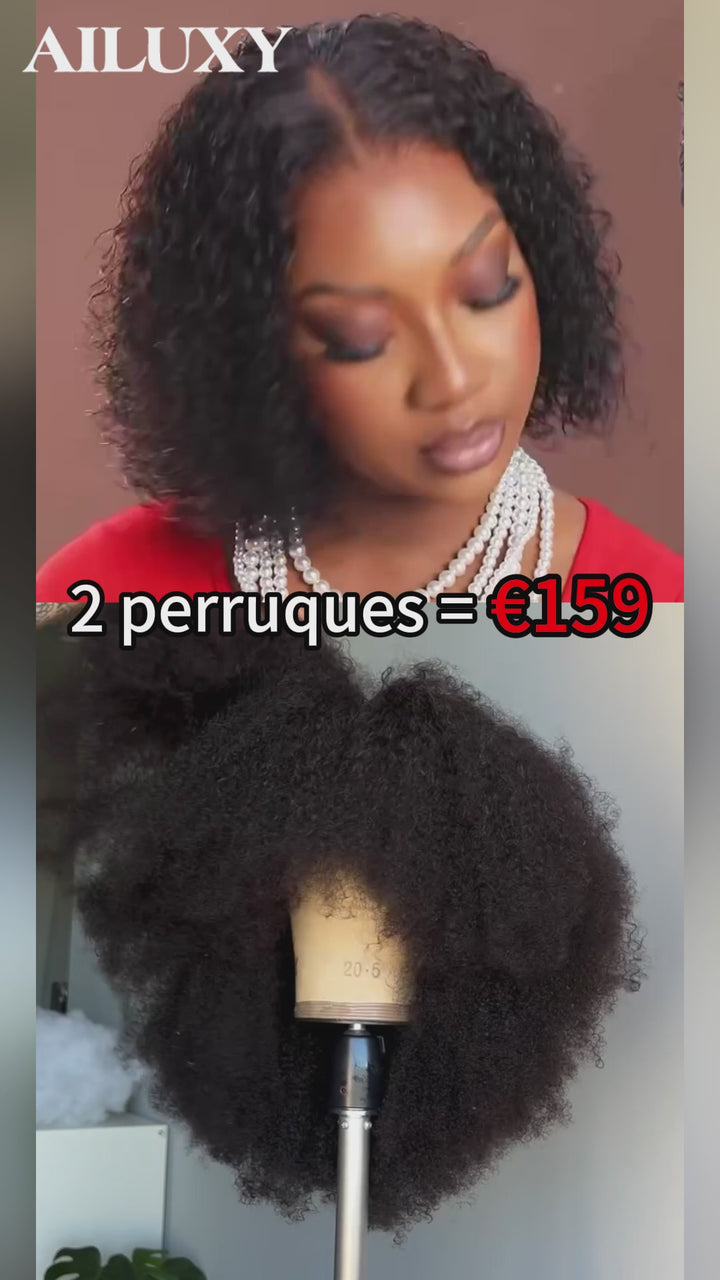 AILUXY 2 Perruques=€159 13x4 Lace Frontal Été Légère Respirable et Bob Afro Curly Frange Sans Colle Naturelle