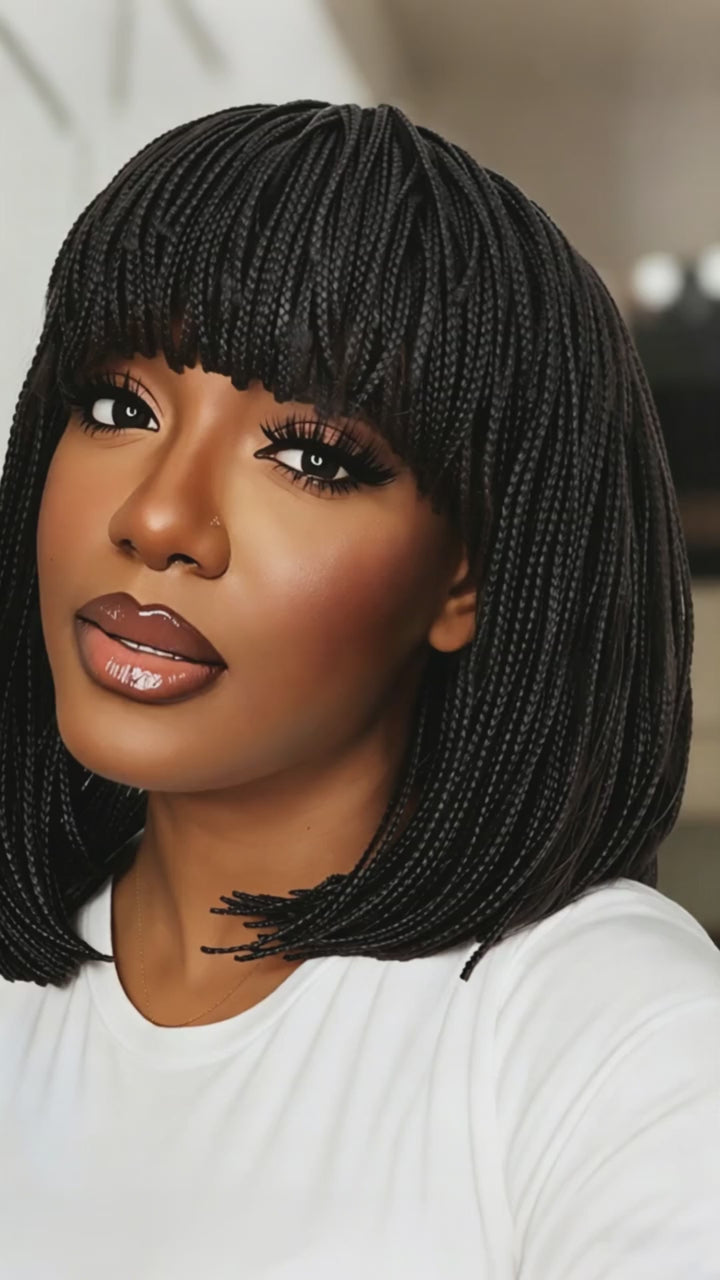 AILUXY Perruque Bob Box Braids Avec Frange Blended Cheveux Synthétiques Naturelle | Identique à la Photo