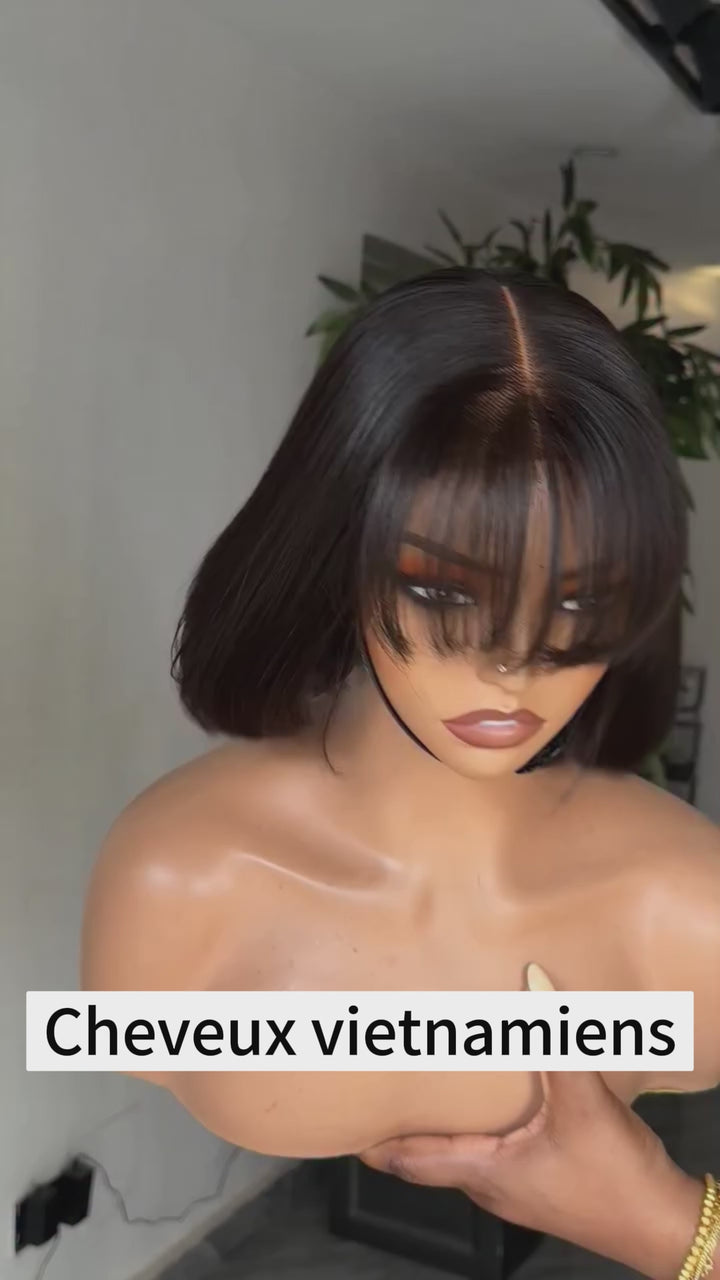 AILUXY Perruque Courte Bob Lisse Noir, Frange Airée, Coiffure Pré-Stylisée, Pose Instantanée
