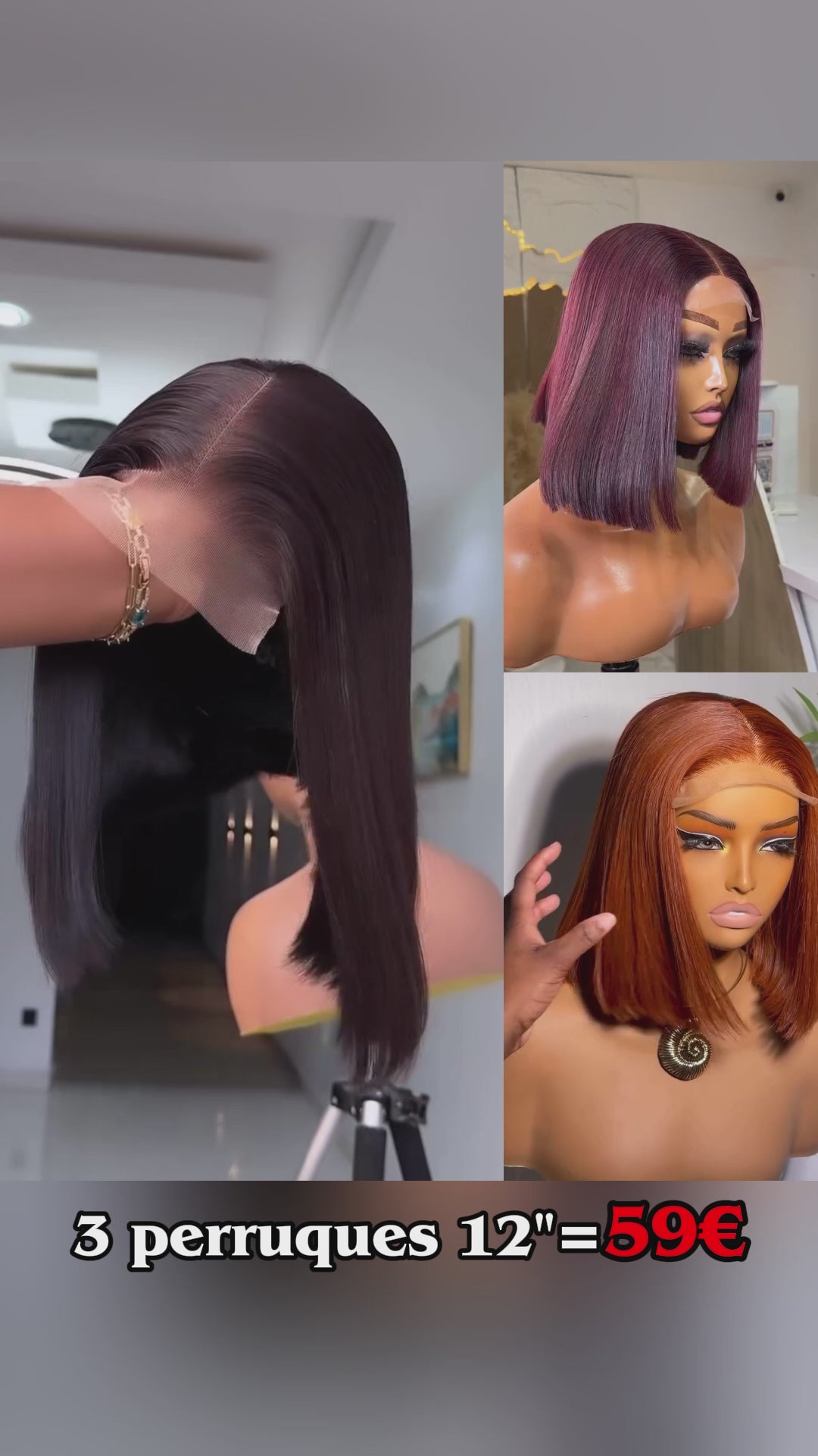 AILUXY 3 Perruques = €59 | Perruque Bob Lace Front 12 Pouces Lot de 3 Perruques Blended Lisses Multicolores