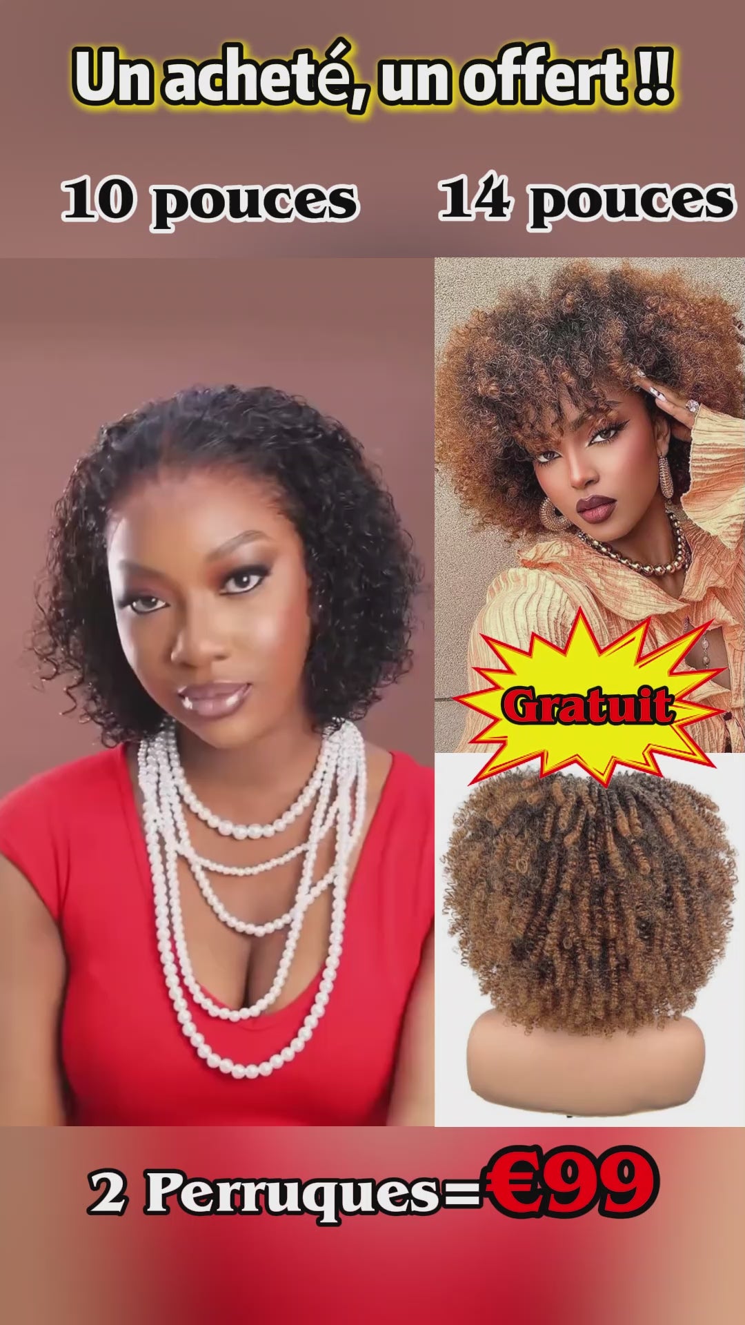 AILUXY 1 acheté 1 offert 79€ – Perruque Sans Colle Afro curly 1B33# 14 pouces + Perruque Bouclée 13x4 Lace 10 pouces, haute qualité identique à l’image-100 % cheveux humains