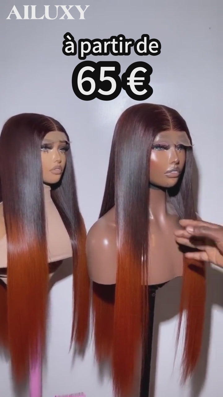AILUXY Perruque Humaine 13x4 Lace Front Lisse – 100% Cheveux Humains, Couleur Orange Dégradé Authentique Comme sur la photo