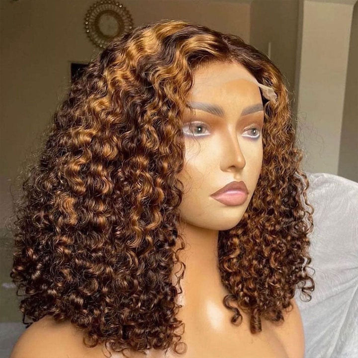 AILUXY Perruque Bob Deep Wave Brun Miel #4/27 | Fermeture en dentelle 4x4 pour un look naturel