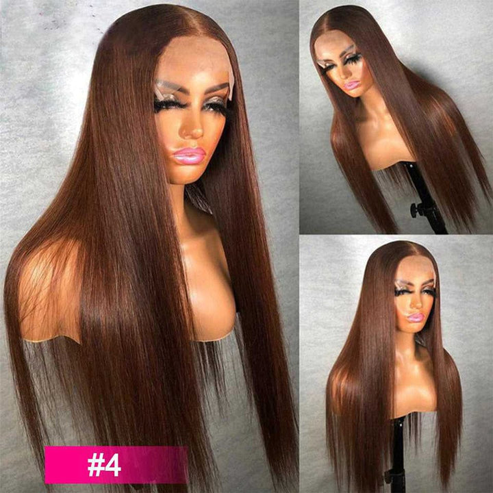 AILUXY 13x4 Lace Frontal Perruque Marron #4 Lisse Longue Perruque Vrais cheveux humains