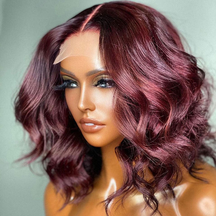 ailuxyhair-fr 200% / 12 AILUXY 13x4 Lace Frontal Perruque Natural Wave Courte 99J Bourgogne Bob Perruque 200% Densité