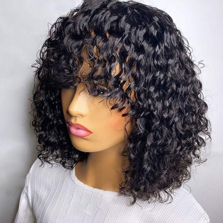 ailuxyhair-fr 200% / 12 AILUXY Water Wave Noir Bob Perruque Avec Frange Fabriquée À La Machine 100% Cheveux Humains