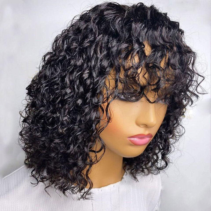 ailuxyhair-fr 200% / 12 AILUXY Water Wave Noir Bob Perruque Avec Frange Fabriquée À La Machine 100% Cheveux Humains