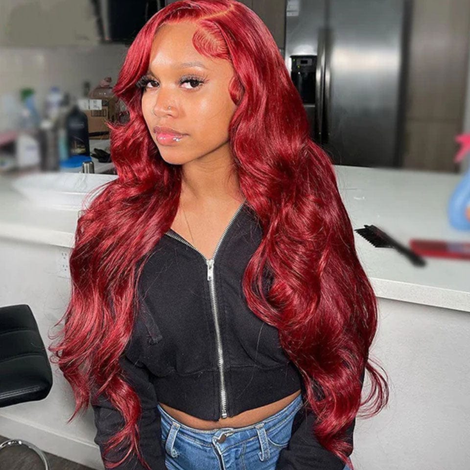 ailuxyhair-fr AILUXY 13x4 Lace Frontal 99J Bourgogne Body Wave Longue Perruque 100% Cheveux Humains