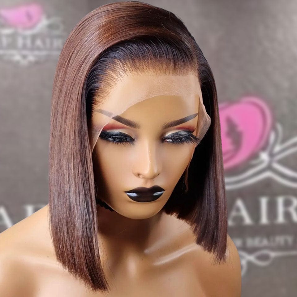 ailuxyhair-fr AILUXY 13x4 Lace Frontal Bob Perruque Maron Avec Racine Noire Lisse Courte Perruque 100% Cheveux Humains