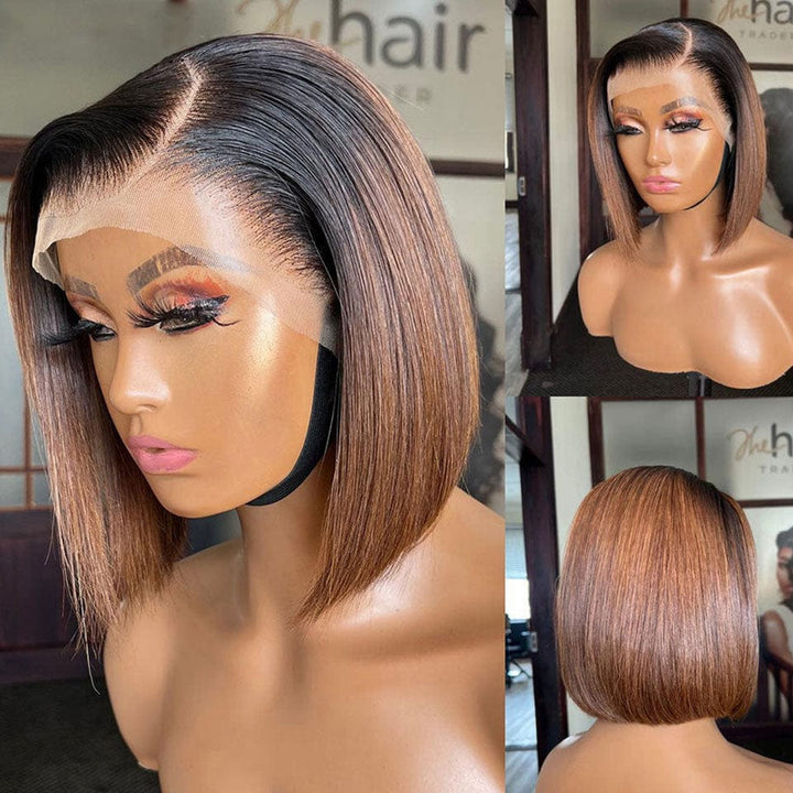 ailuxyhair-fr AILUXY 13x4 Lace Frontal Bob Perruque Maron Avec Racine Noire Lisse Courte Perruque 100% Cheveux Humains