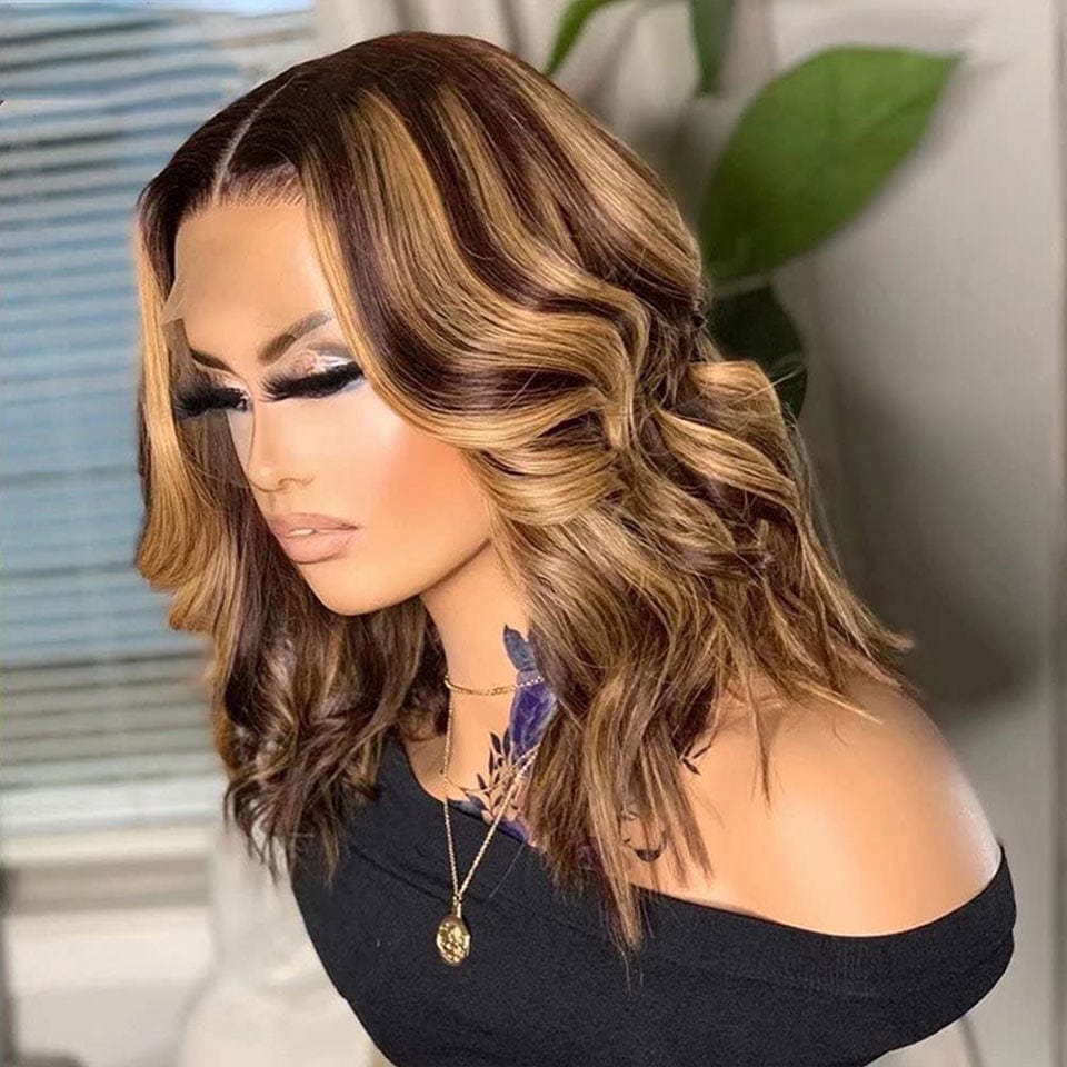 ailuxyhair-fr AILUXY 13x4 Lace Frontal Body Wave Brun Balayage Miel #4#27 Courte Bob Perruque 100% Cheveux Humains