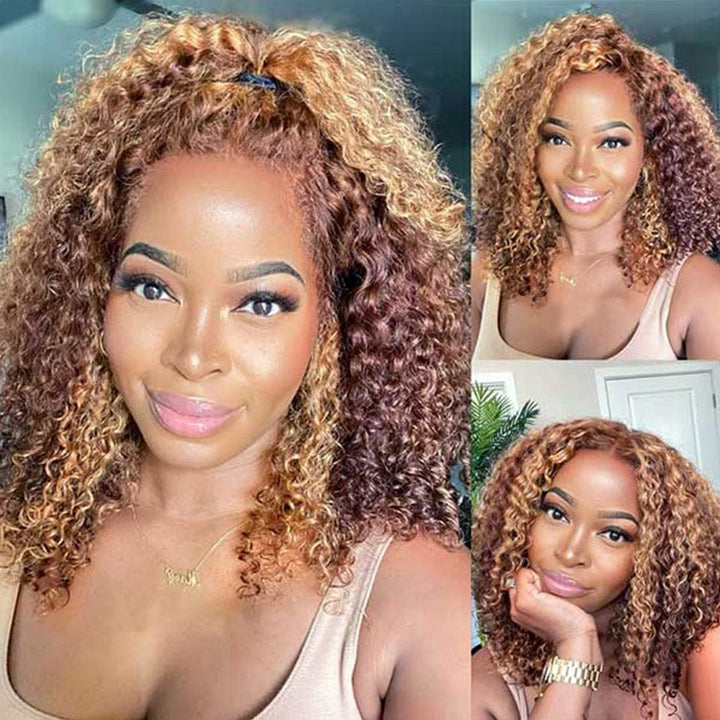 ailuxyhair-fr AILUXY 13x4 Lace Frontal Deep Wave Brun Balayage Miel Bob Perruque 100% Cheveux Humains