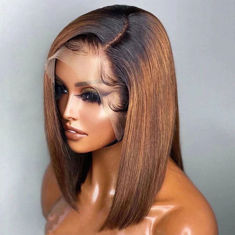 ailuxyhair-fr AILUXY 13x4 Lace Frontal Lisse Brun Avec Racine Noire Bob Perruque 100% Cheveux Humains