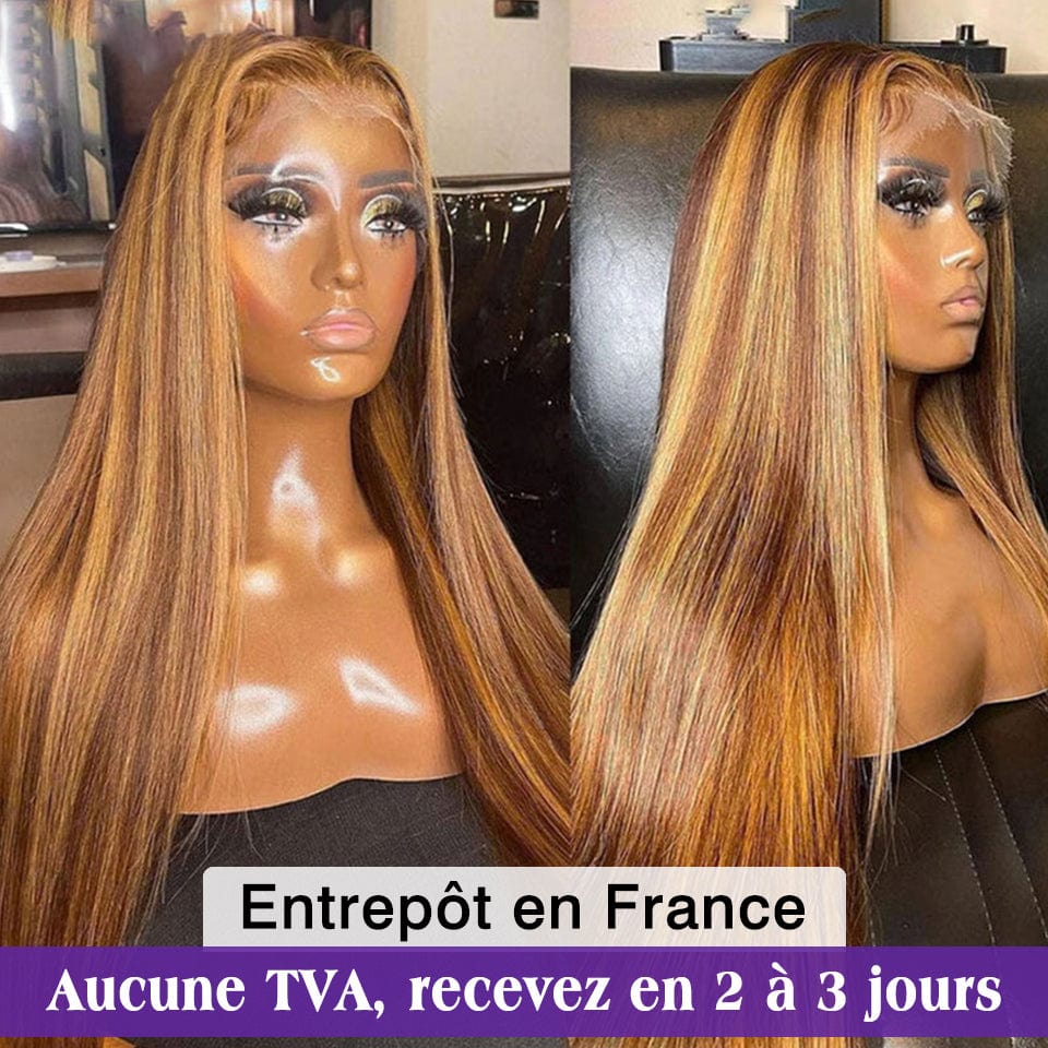 ailuxyhair-fr AILUXY 13x4 Lace Frontal Lisse Longue Brun Balayage Miel #4#27 Perruque 100% Cheveux Humains