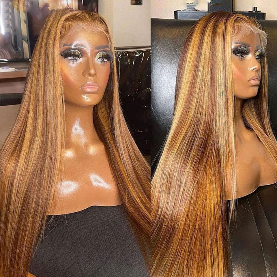 ailuxyhair-fr AILUXY 13x4 Lace Frontal Lisse Longue Brun Balayage Miel #4#27 Perruque 100% Cheveux Humains