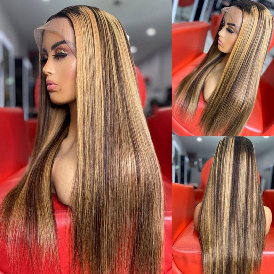 ailuxyhair-fr AILUXY 13x4 Lace Frontal Lisse Longue Brun Balayage Miel #4#27 Perruque 100% Cheveux Humains
