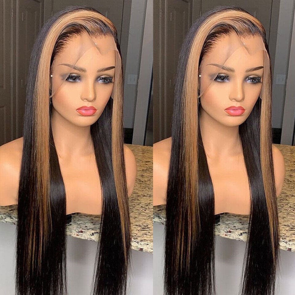ailuxyhair-fr AILUXY 13x4 Lace Frontal Lisse Noir Avec Hightlights Brun Longue Perruque 100% Cheveux Humains
