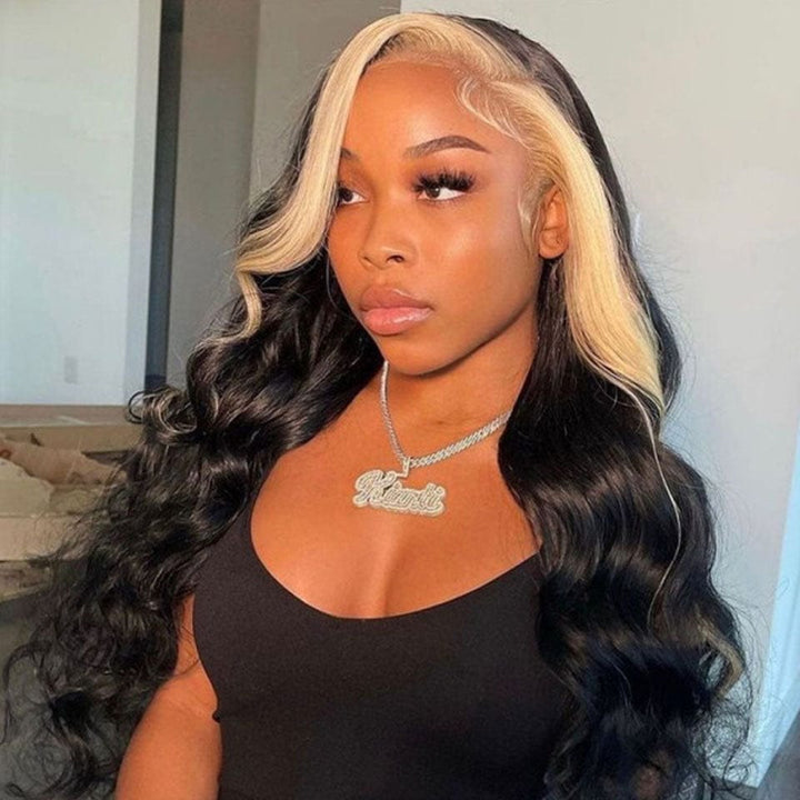 ailuxyhair-fr AILUXY 13x4 Lace Frontal Noir Avec Blond Highlights Body Wave Longue Perruque 100% Cheveux Humains