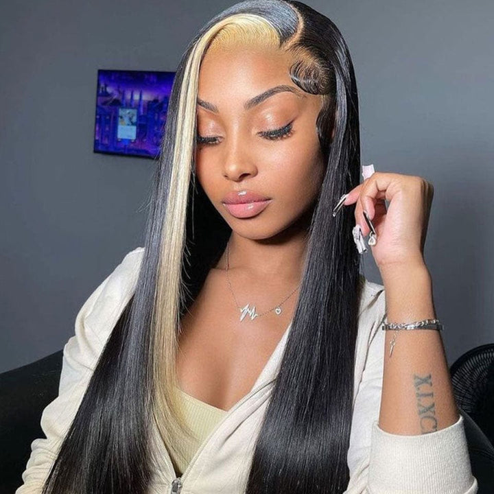 ailuxyhair-fr AILUXY 13x4 Lace Frontal Noir Avec Blond Highlights Lisse Longue Perruque 100% Cheveux Humains