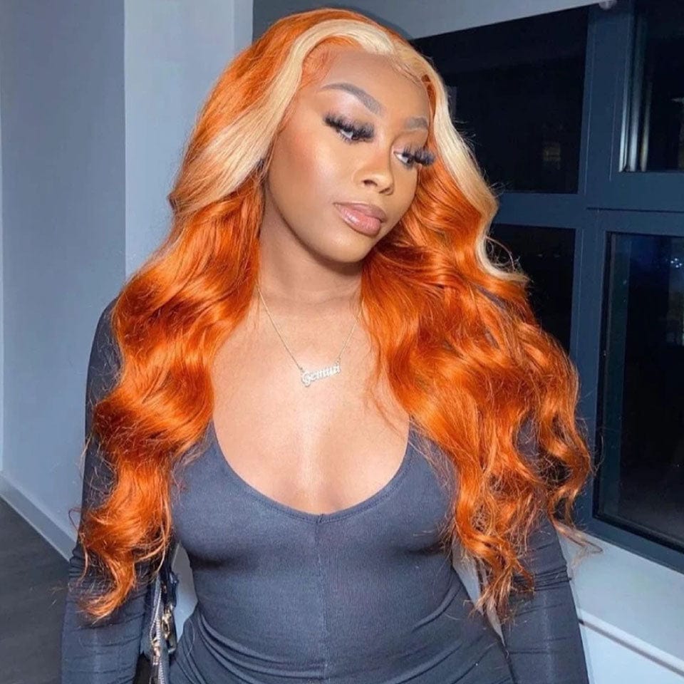 ailuxyhair-fr AILUXY 13x4 Lace Frontal Orange Avec Blond Highlights Body Wave Longue Perruque 100% Cheveux Humains