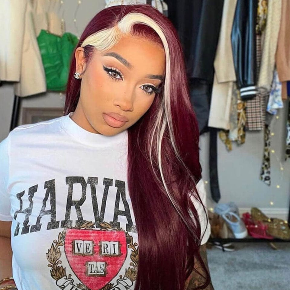 ailuxyhair-fr AILUXY 13x4 Lace Frontal Perruque 99J Bourgogne Avec Blond Highlights Lisse Longue 100% Cheveux Humains