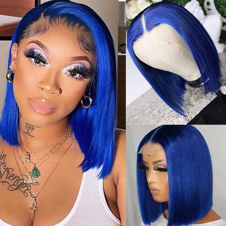 ailuxyhair-fr AILUXY 13x4 Lace Frontal Perruque Lisse Courte Bleu Bob Perruque Coupe Carrée 200% Densité 100% Cheveux Humains