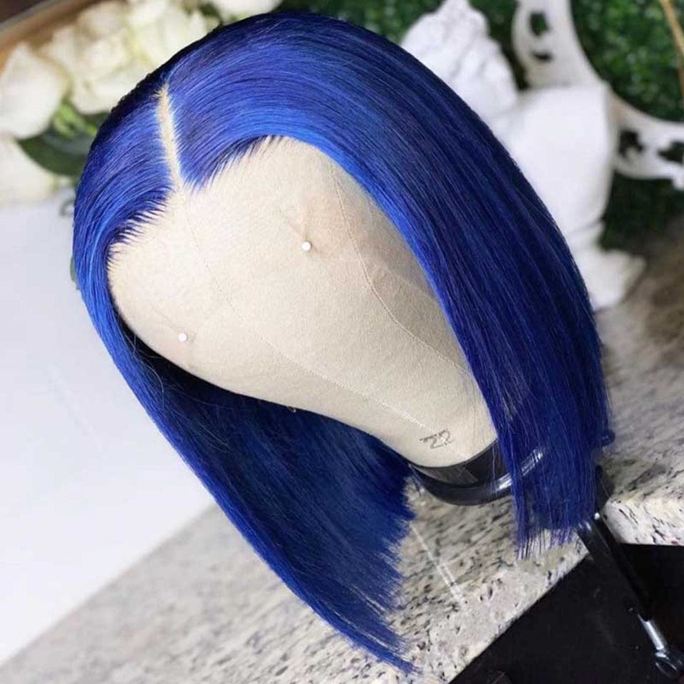 ailuxyhair-fr AILUXY 13x4 Lace Frontal Perruque Lisse Courte Bleu Bob Perruque Coupe Carrée 200% Densité 100% Cheveux Humains