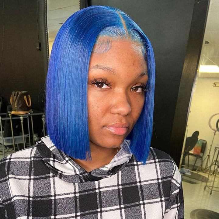 ailuxyhair-fr AILUXY 13x4 Lace Frontal Perruque Lisse Courte Bleu Bob Perruque Coupe Carrée 200% Densité 100% Cheveux Humains