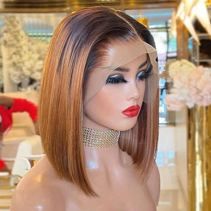 ailuxyhair-fr AILUXY 13x4 Lace Frontal Perruque Lisse Courte Noir châtaine Bob Perruque 200% Densité 100% Cheveux Humains