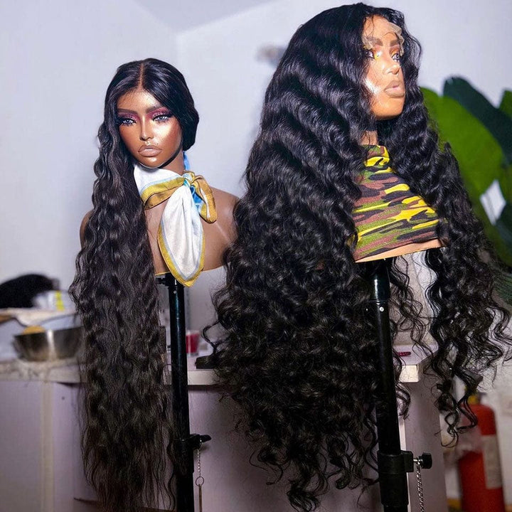 ailuxyhair-fr AILUXY 13x4 Lace Frontal Perruque Natural Wave Longue Noir Perruque 250% Densité 100% Cheveux Humains
