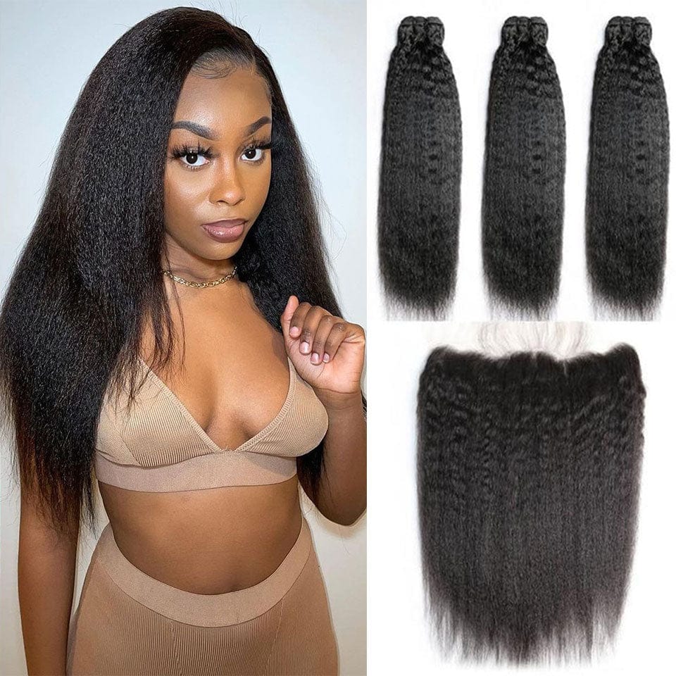 ailuxyhair-fr AILUXY 3 Paquets Avec 13x4 Lace Frontal Kinky Lisse Couleur Naturelle