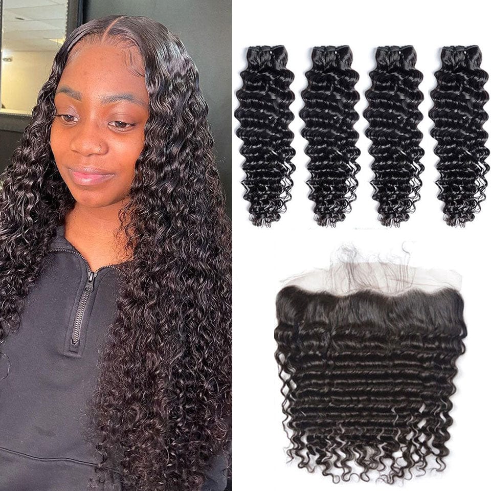 ailuxyhair-fr AILUXY 4 Paquets Avec 13*4 Lace Frontal Deep Wave Couleur Naturelle