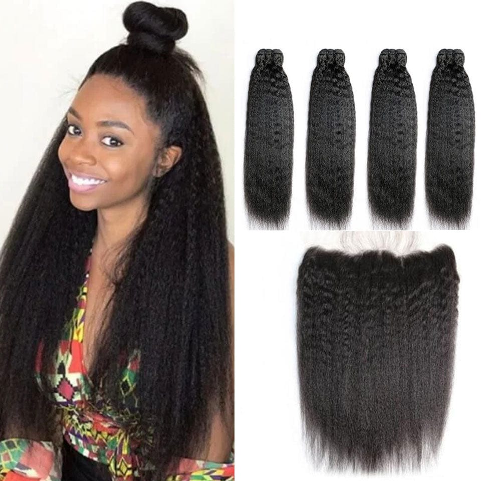 ailuxyhair-fr AILUXY 4 Paquets Avec 13*4 Lace Frontal Kinky Lisse Couleur Naturelle