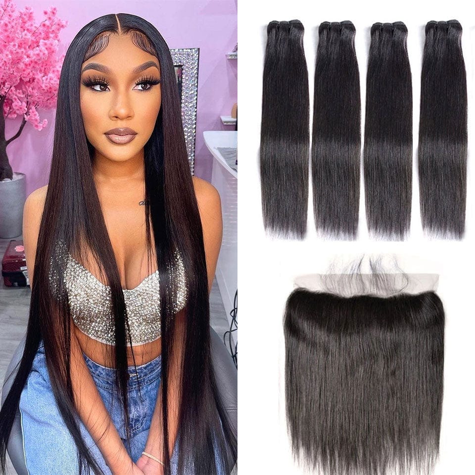 ailuxyhair-fr AILUXY 4 Paquets Avec 13*4 Lace Frontal Lisse Couleur Naturelle